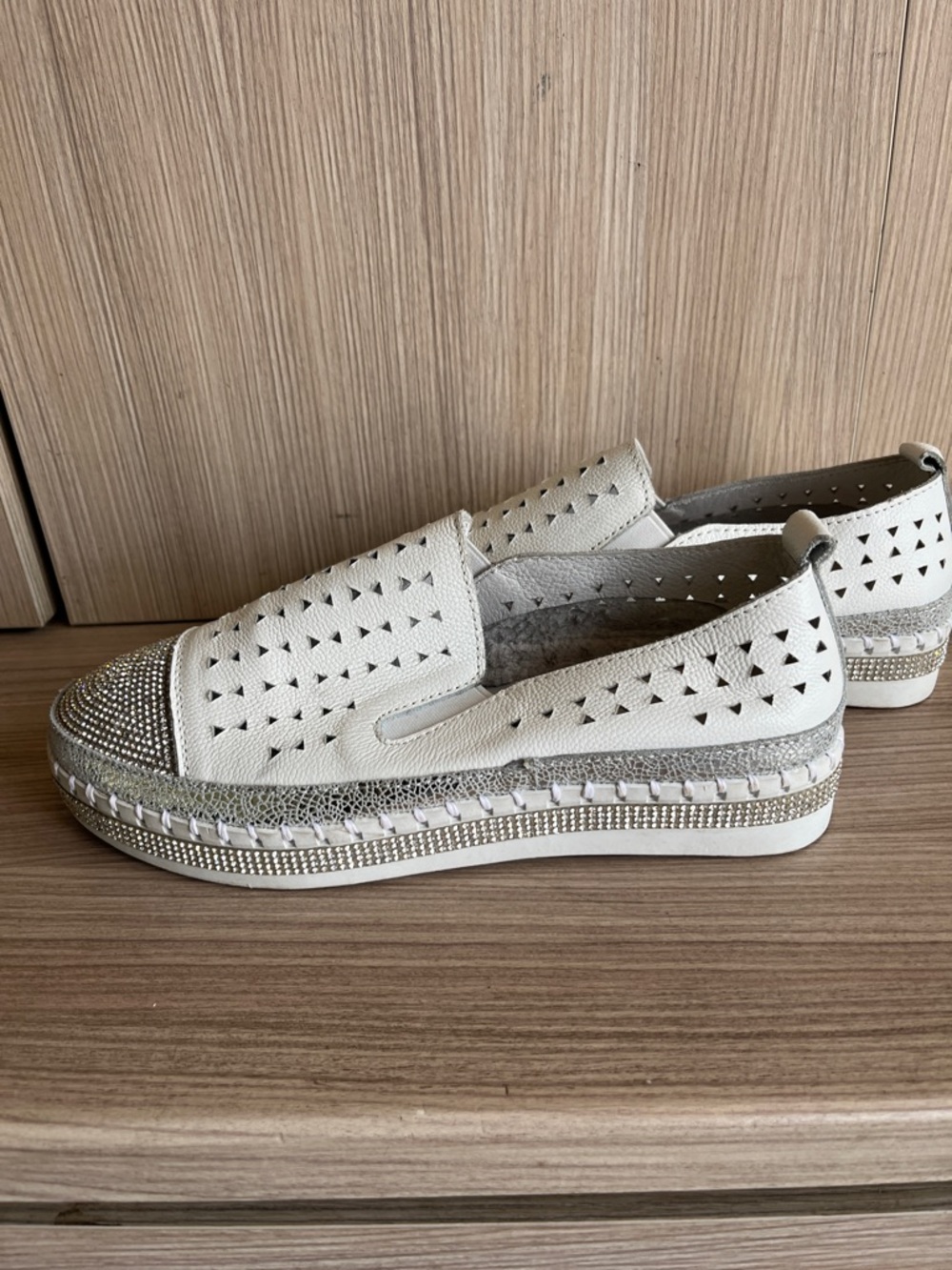Bernie Mev White Perforated Slip-On Sneakers with Rhinestone Toes - Picture 4 of 8